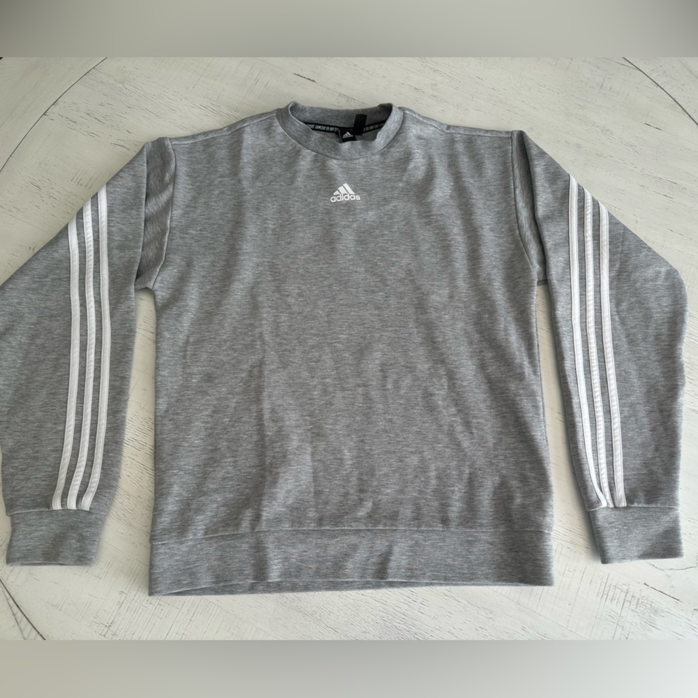 Mens Grey & White Adidas Crewneck 3 Striped Sweater Size S